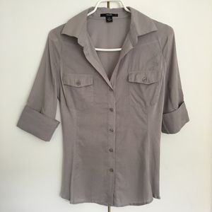 MAJORA 3/4 Sleeve Gray Shirt Button Down Blouse With Pockets Size S